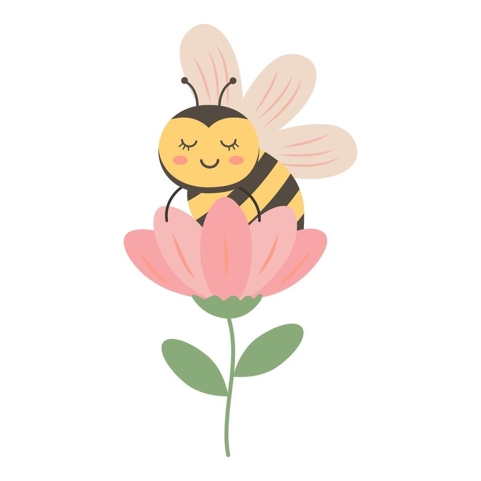 Cute bee sits in a flower. illustration isolated on white background. vector