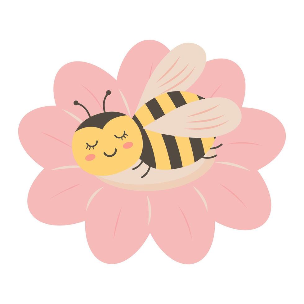 Cute bee sleeps on a flower. illustration isolated on white background. vector