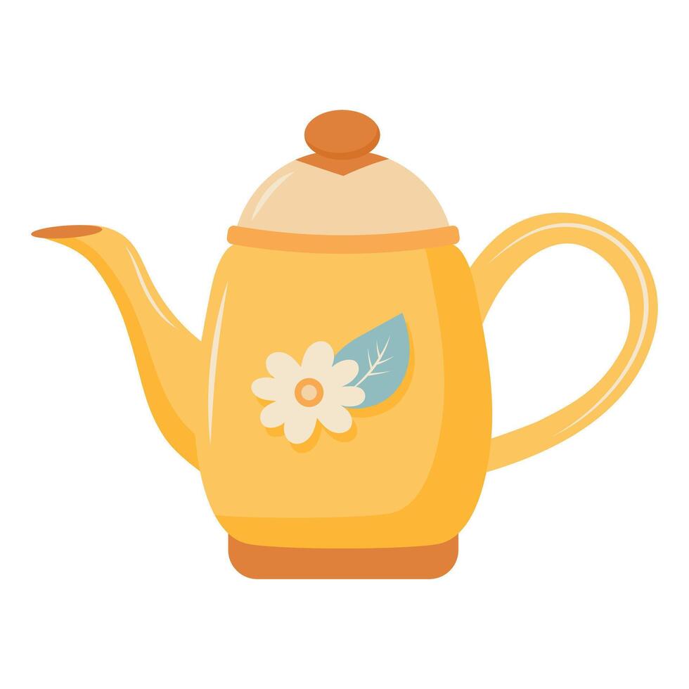 Cute yellow teapot with flower and leaf. illustration isolated on white background vector