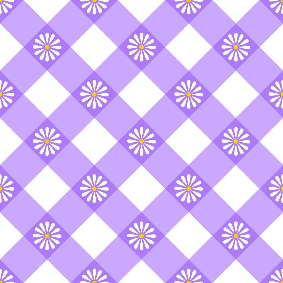Small daisies arranged in a purple repeating checkered design pattern used in various applications, such as textiles, wallpapers, and digital design. vector