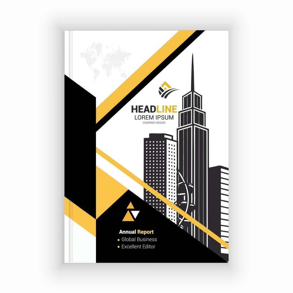 a black and yellow brochure with a city skyline vector