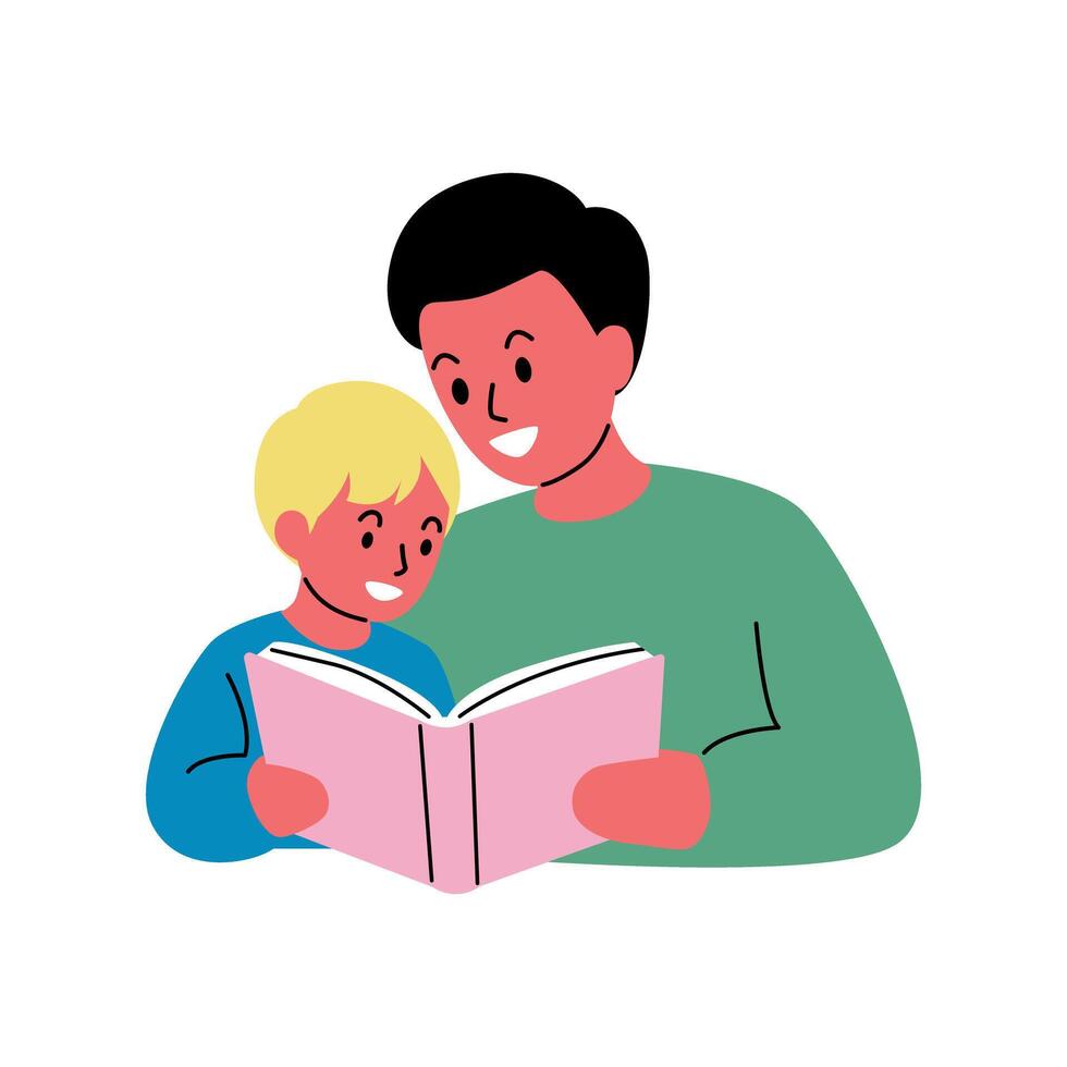 Happy Father and Son Reading Together at Home vector