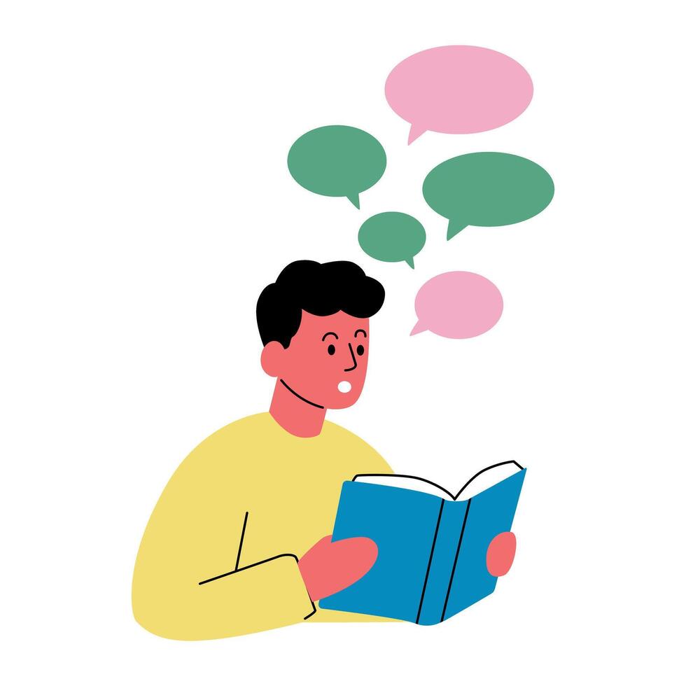 Young Person Reading a Book with Thoughts and Ideas vector