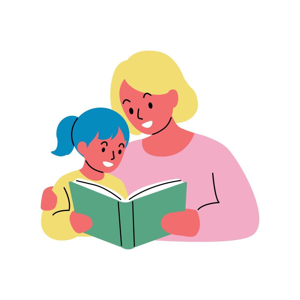 Loving Mother and Child Reading a Story Book Together vector