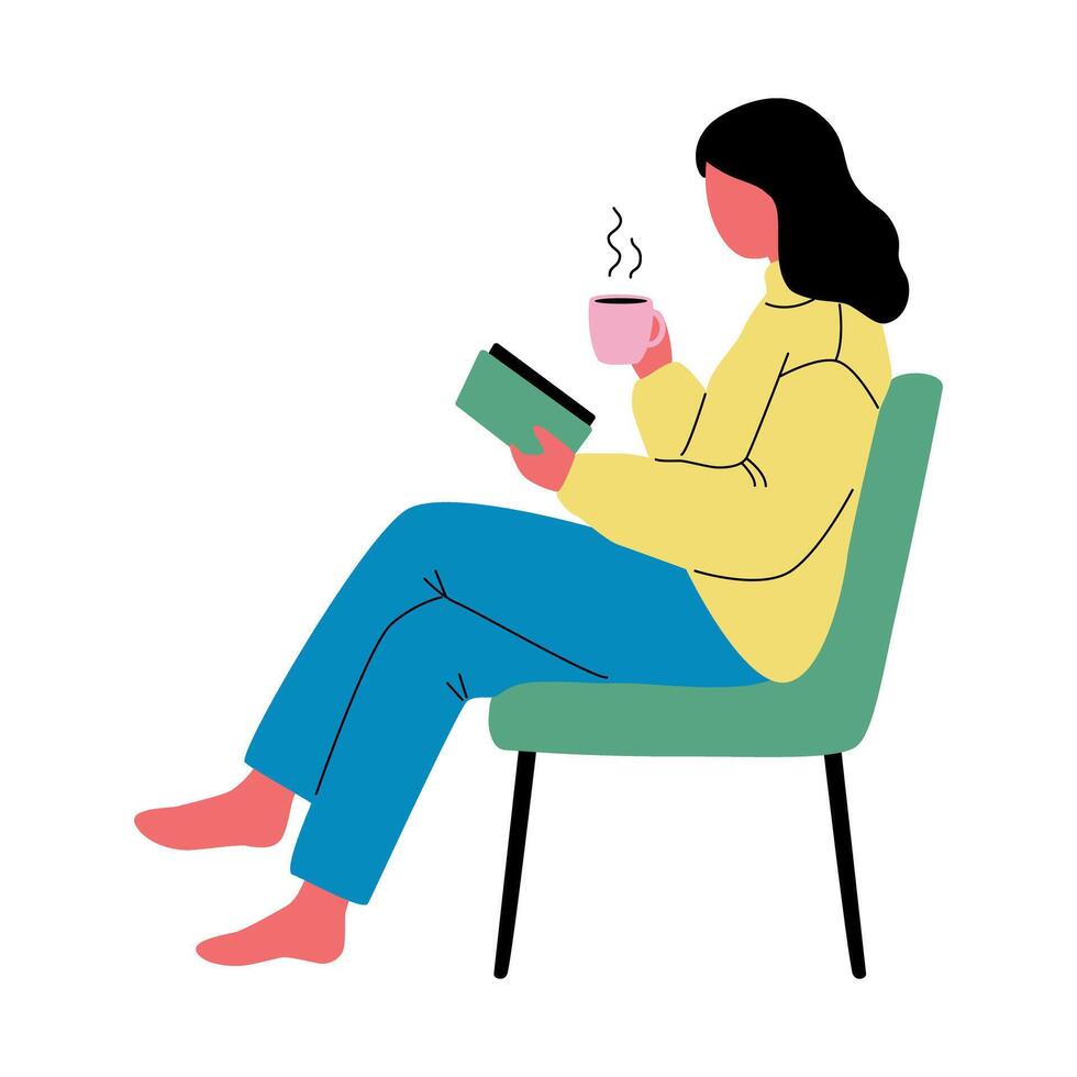 Relaxed Person Reading a Book and Drinking Coffee vector