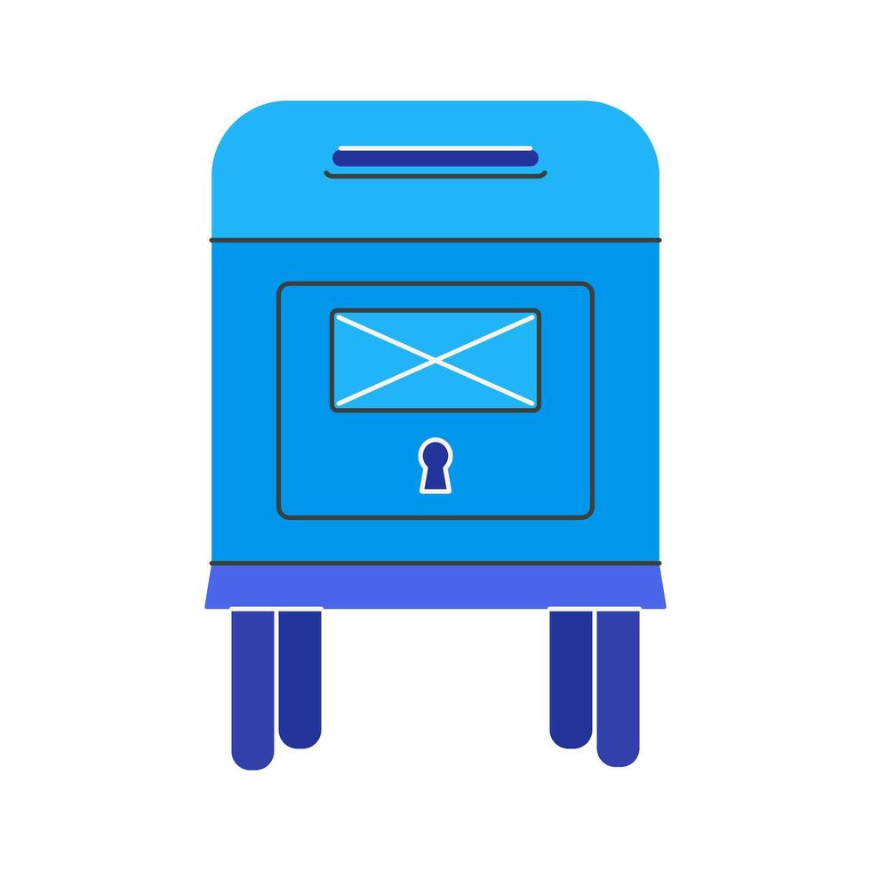 Mailbox icon. Blue postbox for sending letters, postcards. Mail container stands on poles. Classic metal letterbox. Hand drawn illustration, cartoon clipart isolated on white. For print, logo vector