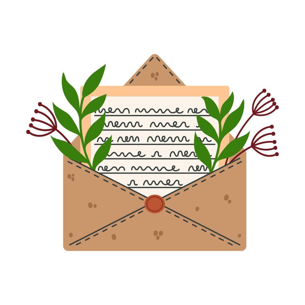 Open envelope icon. Vintage letter with handwritten text, dried leaves and flowers, wax seal. Personal message, invitation, postcard. Postal correspondence, doodle clipart. Isolated on white vector