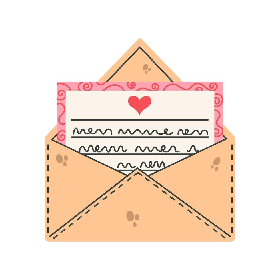 Love letter icon. Open envelope, paper with handwritten text and heart. Romantic message, Valentines day mail. Declaration of sympathy, invitation to a date, wedding. Flat cartoon clipart vector
