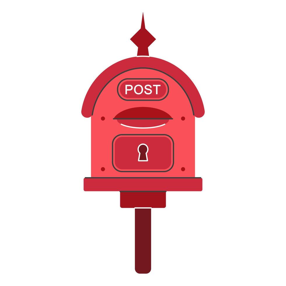 Postbox icon. Red mailbox for sending letters, documents. Closed mail container stands on a pole. Classic metal letterbox. Hand drawn doodle, flat cartoon clipart isolated on white. For print vector