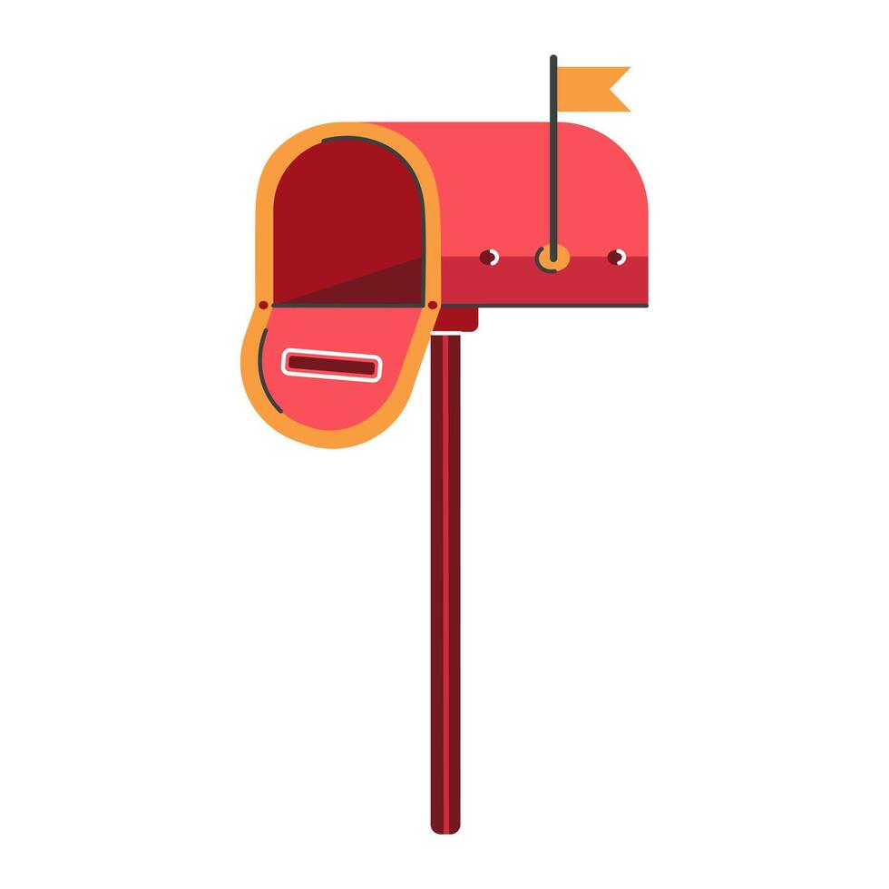 Open mailbox icon. Red post box for sending, receiving letters, documents. Mail container stands on a pillar with a raised flag. Metal letterbox. Hand drawn doodle, flat cartoon illustration vector