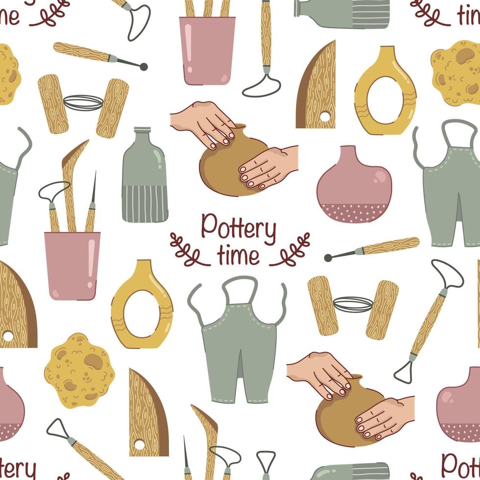 Colorful pottery tools and materials pattern vector
