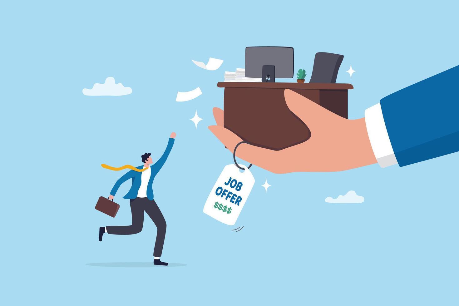 Job offer from employer, employment contract or career recruitment interview, HR human resource offer career opportunity, job vacancy or talent join, employer hand offer new job to winning applicant. vector