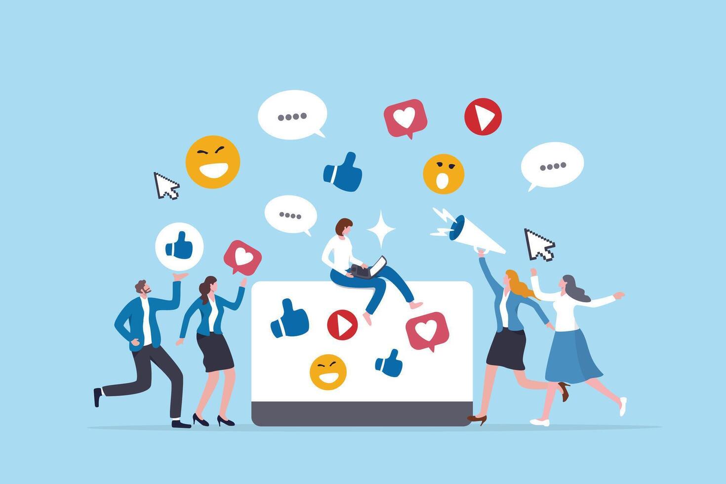 Social media job, online strategy team or internet community customer management, social network career, marketing professional, business people online team working with social media components. vector