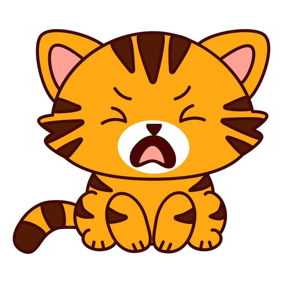 Cute cartoon cat with red shorts and brown stripes. The cat has big crying eyes and a sad expression on her face and sits up straight. Kawaii pet. vector
