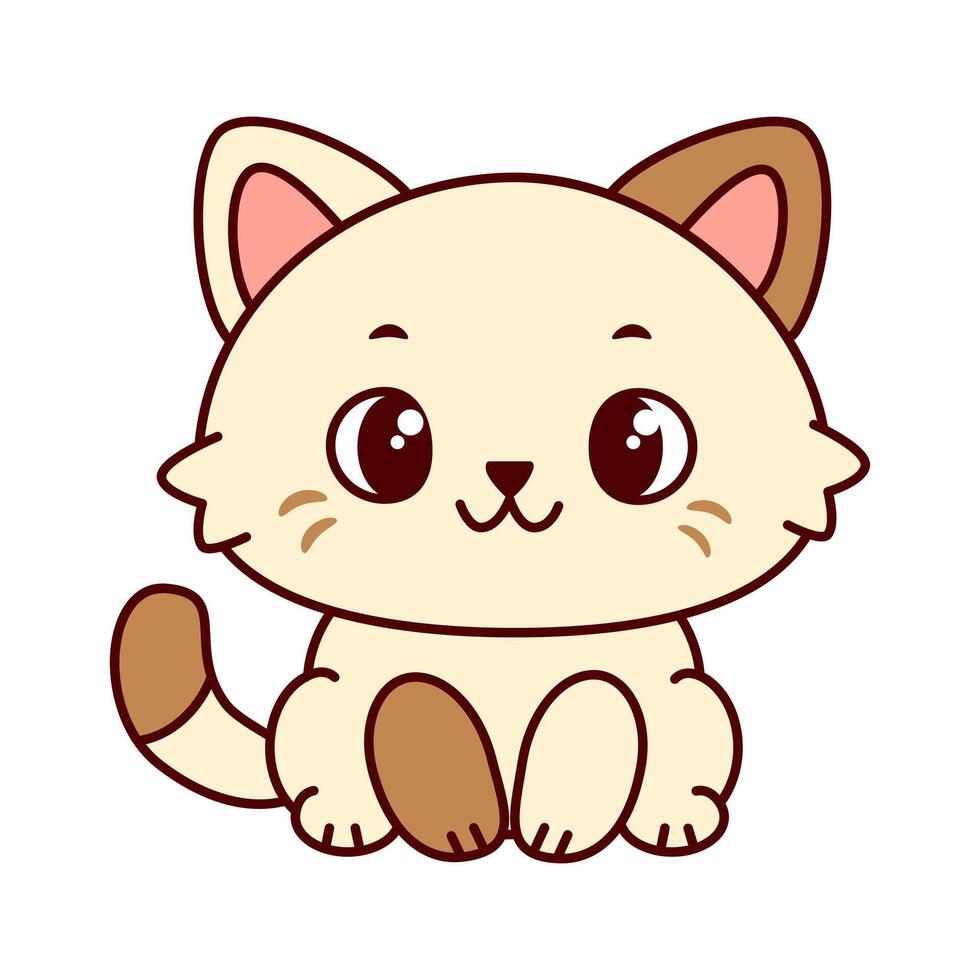 Cute cartoon cat with a cream colored body and brown markings. The cat has large, expressive eyes and a playful expression and sits up straight. Kawaii pet vector