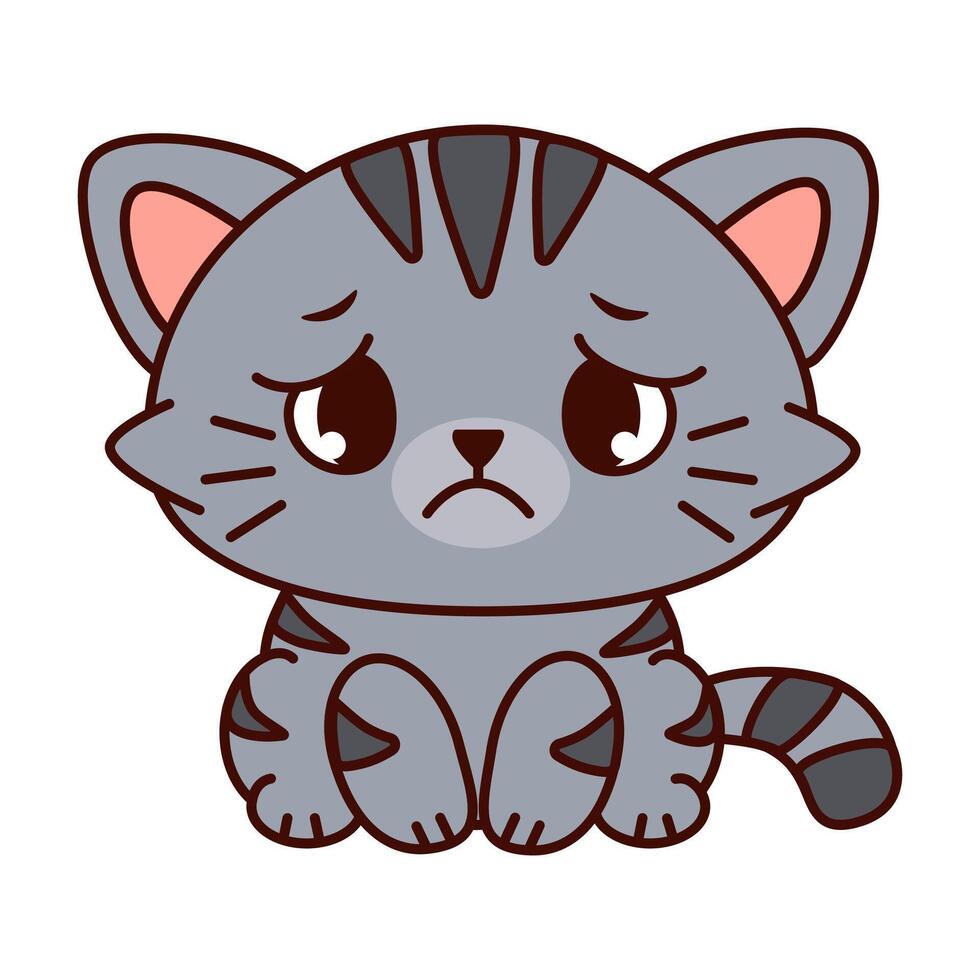 Cute cartoon cat with a gray body and dark stripes. The cat has big, expressive eyes and a sad expression on its face and sits up straight. Kawaii pet vector