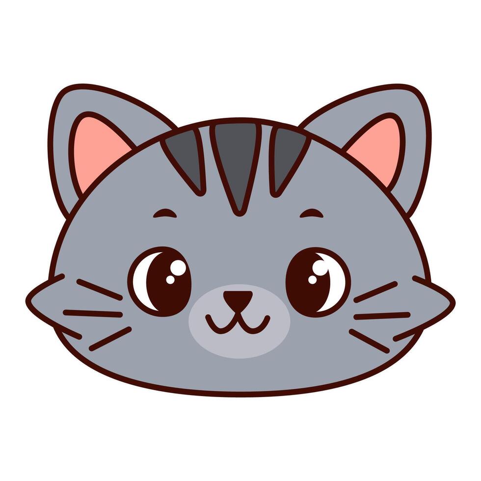 Cute cartoon cat head with gray fur and dark stripes. The cat has big, expressive eyes and a playful expression. Kawaii pet vector