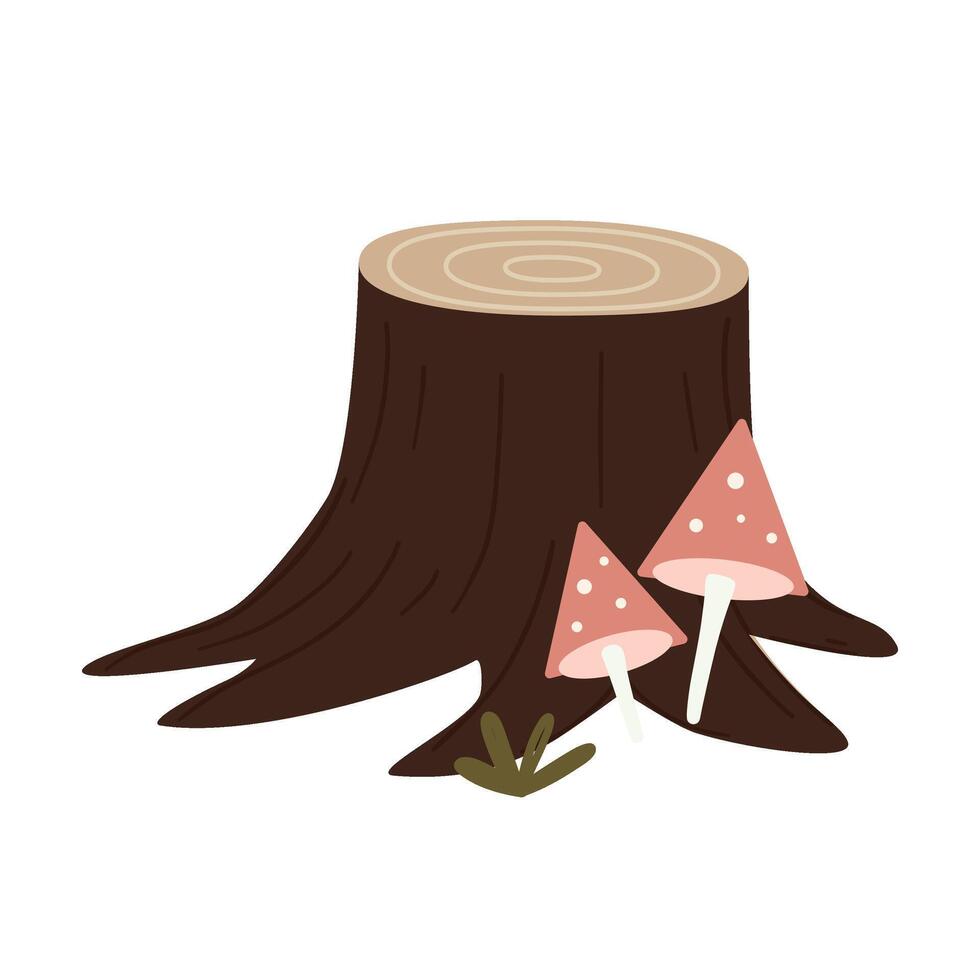 A wooden tree stump with two pink mushrooms growing beside it. The stump has a smooth surface and visible tree rings. Green foliage is present around the base. vector