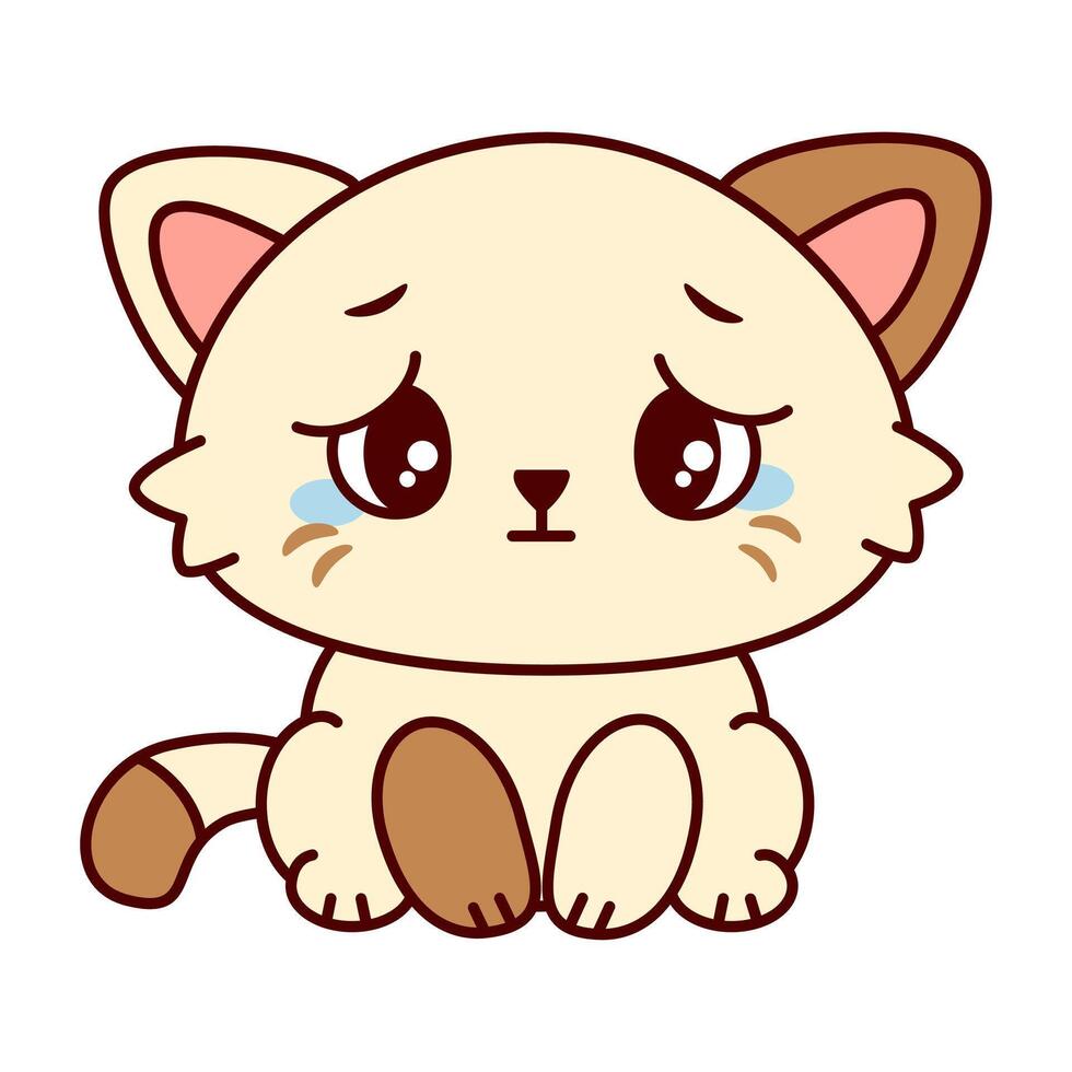 Cute cartoon cat with a cream colored body and brown markings. The cat has big, crying eyes and a sad expression on her face and sits up straight. Kawaii pet. vector