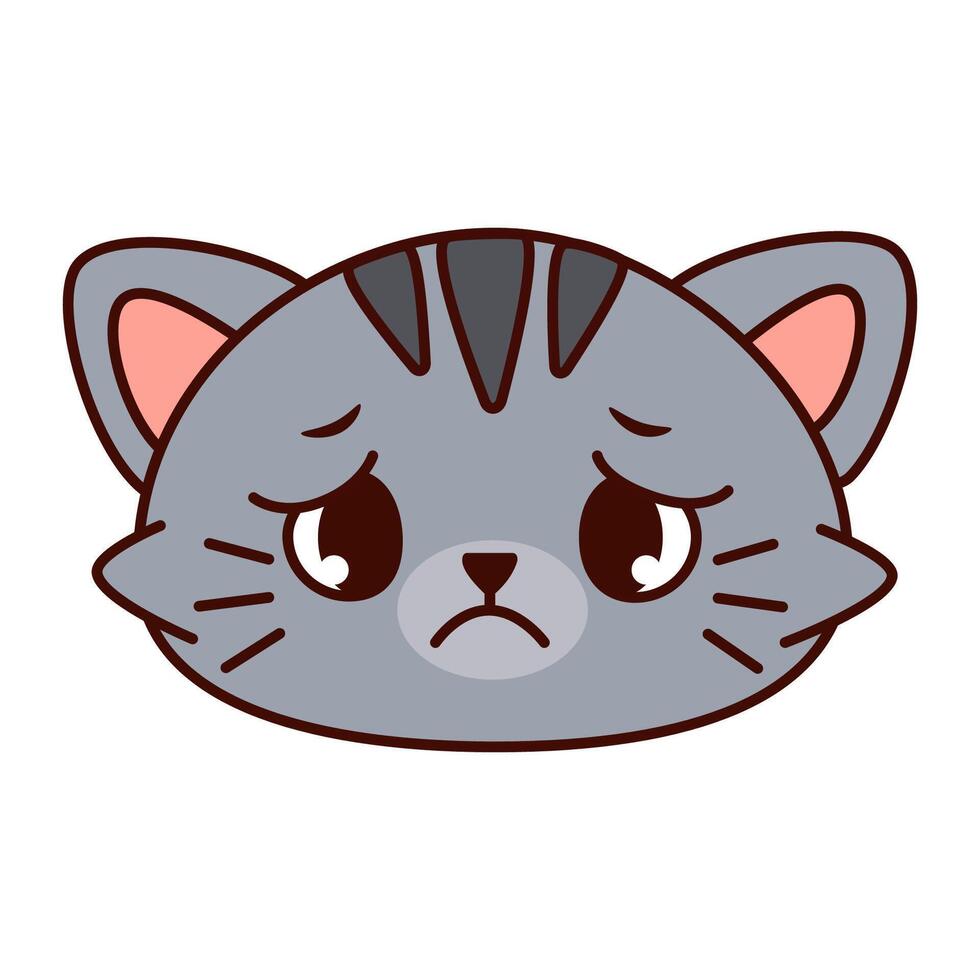 Cute cartoon cat head is gray fur with dark stripes. The cat has large, expressive eyes and a sad expression on his face. Kawaii pet vector