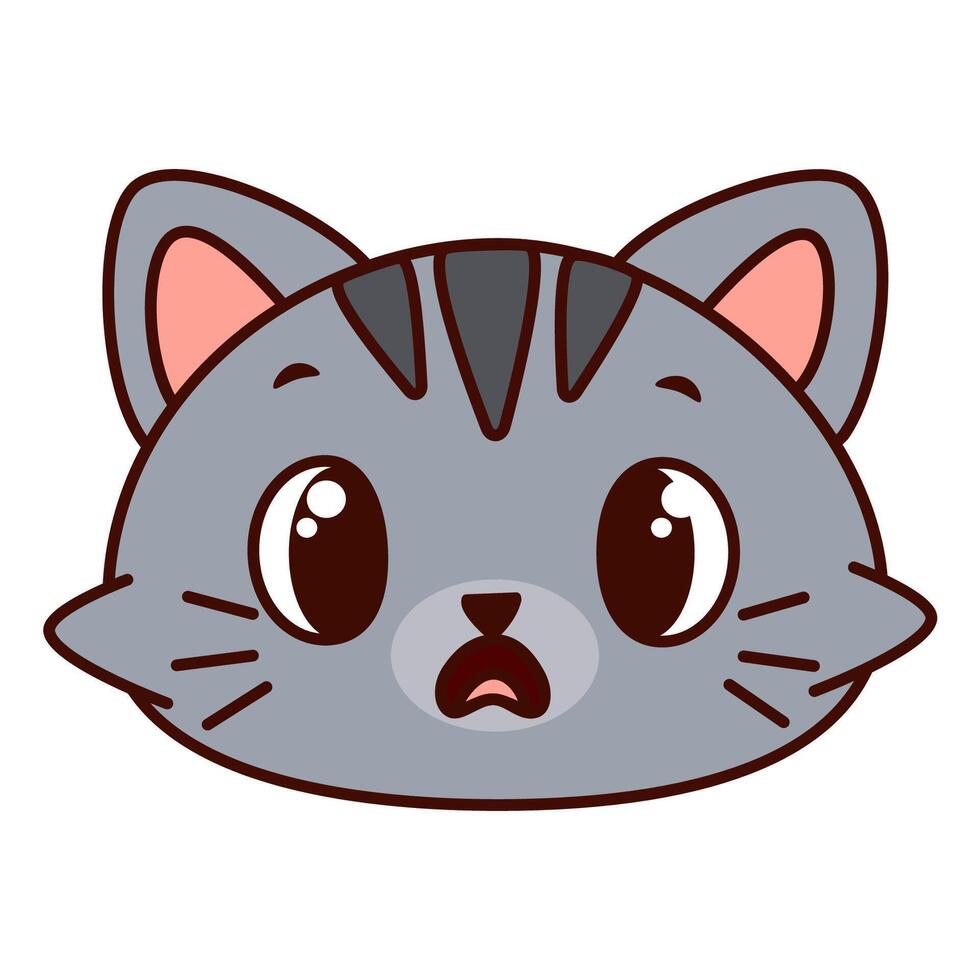 Cute cartoon cat head with gray fur with dark stripes. The cat has big, expressive eyes and a surprised expression on its face. Kawaii pet vector