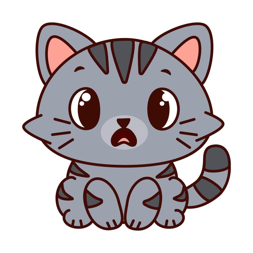 Cute cartoon cat with a gray body and dark stripes. The cat has big, expressive eyes and a surprised expression on its face, and sits up straight. Kawaii pet vector