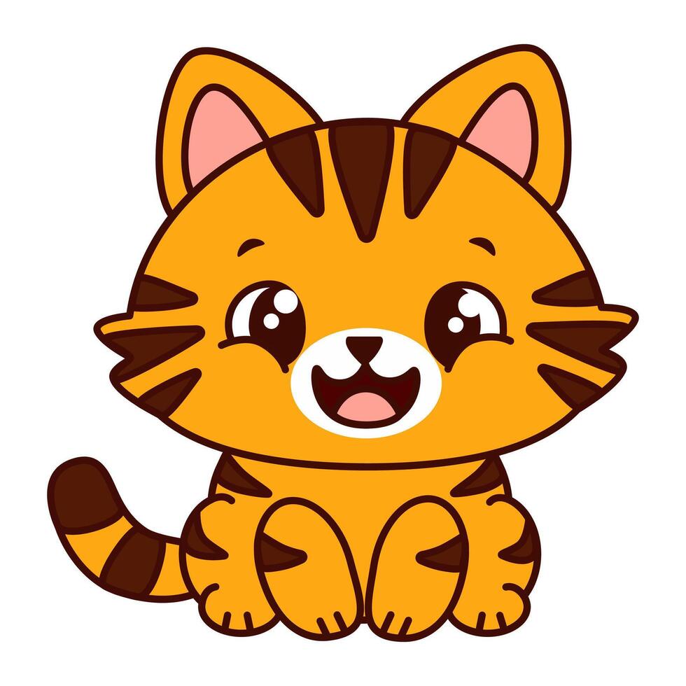 Cute cartoonish ginger cat with brown stripes. The cat has big, expressive eyes and a playful expression and sits up straight. Kawaii pet vector