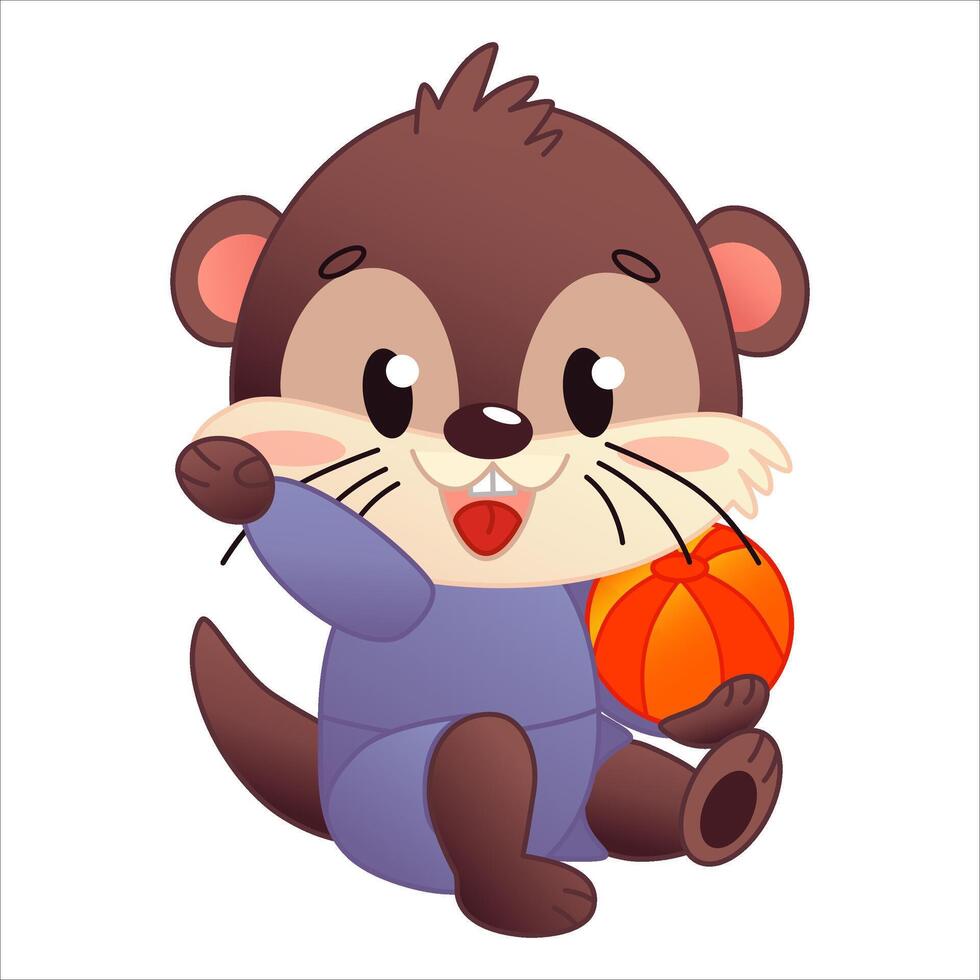 A cute cartoon otter sits holding an orange beach ball. The otter has brown fur, a cheerful expression and is dressed in a purple suit. vector