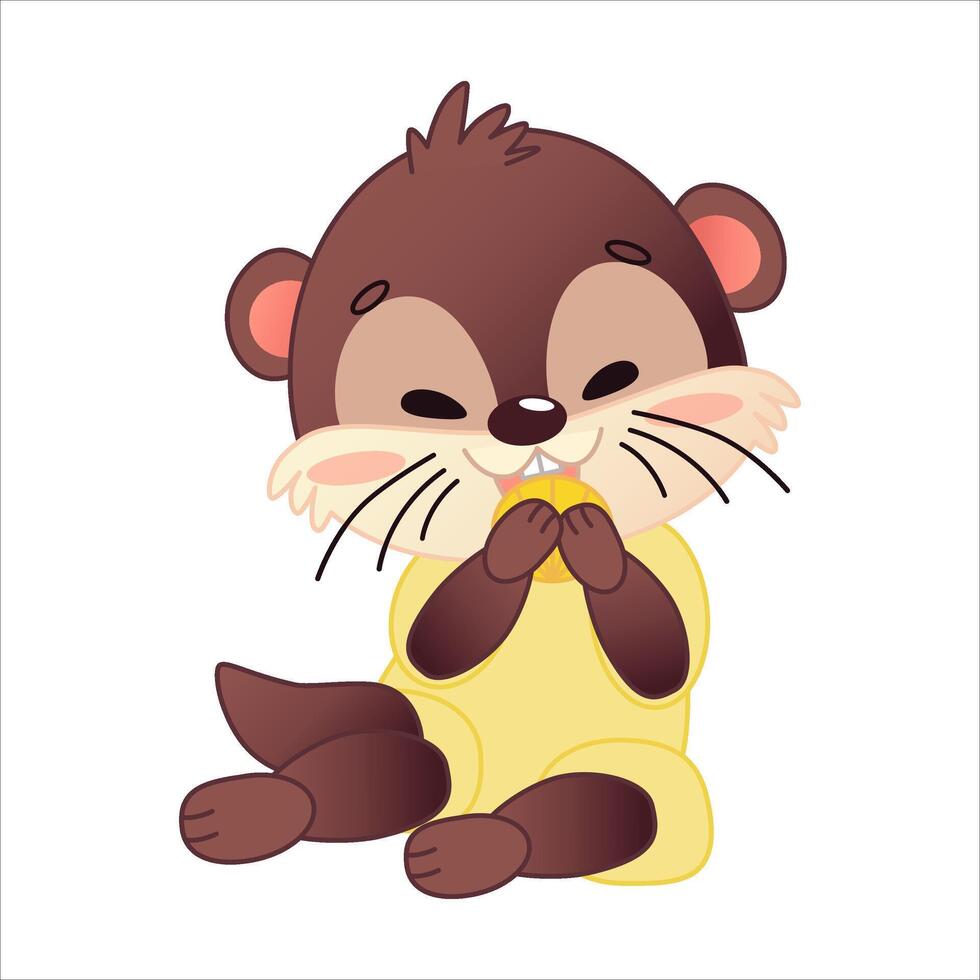 Cute cartoon otter sitting and holding a seashell in his paws. The baby is eating a mollusk. The otter has brown fur, a cheerful expression and is dressed in yellow pajamas. vector