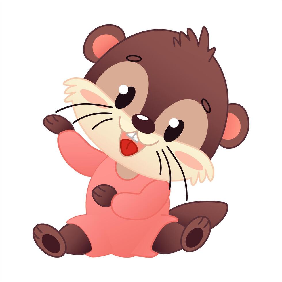 Cute cartoon otter sitting and waving his paws. The otter has brown fur, a cheerful expression and is dressed in pink pajamas. vector