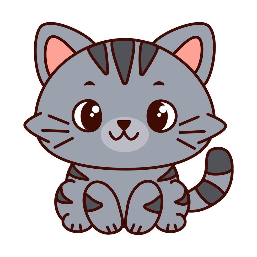 Cute cartoon cat with a gray body and dark stripes. The cat has big, expressive eyes and a playful expression and sits up straight. Kawaii pet vector