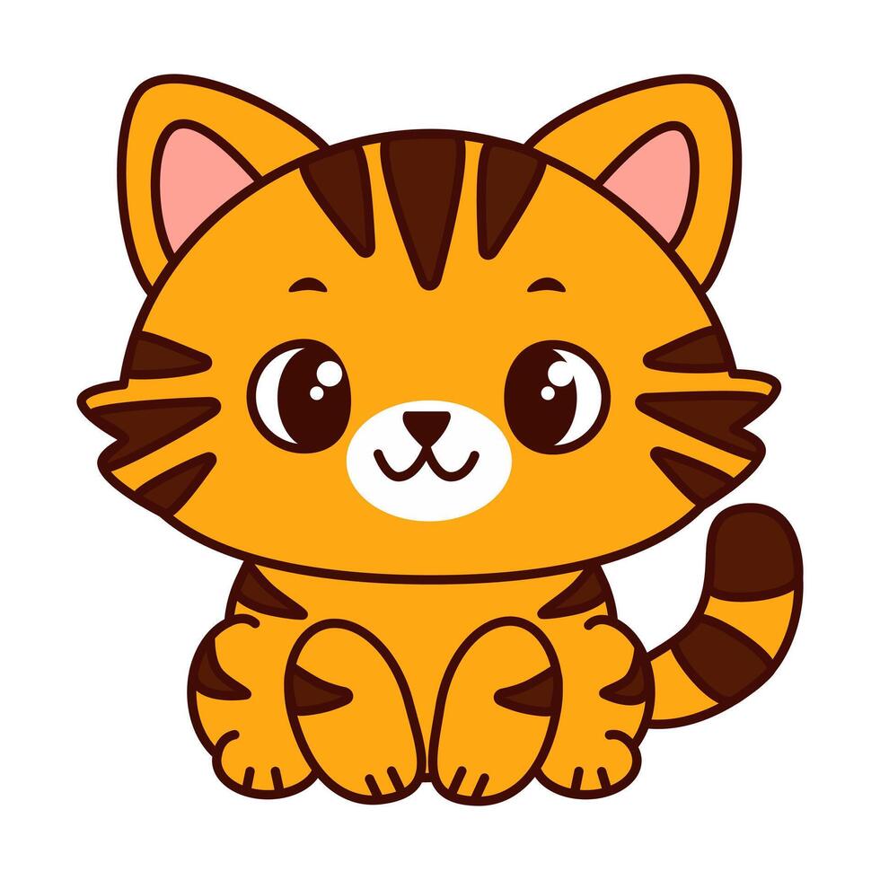 Cute cartoon cat with red fur and brown stripes. The cat has big, expressive eyes and a playful expression and sits up straight. Kawaii pet vector