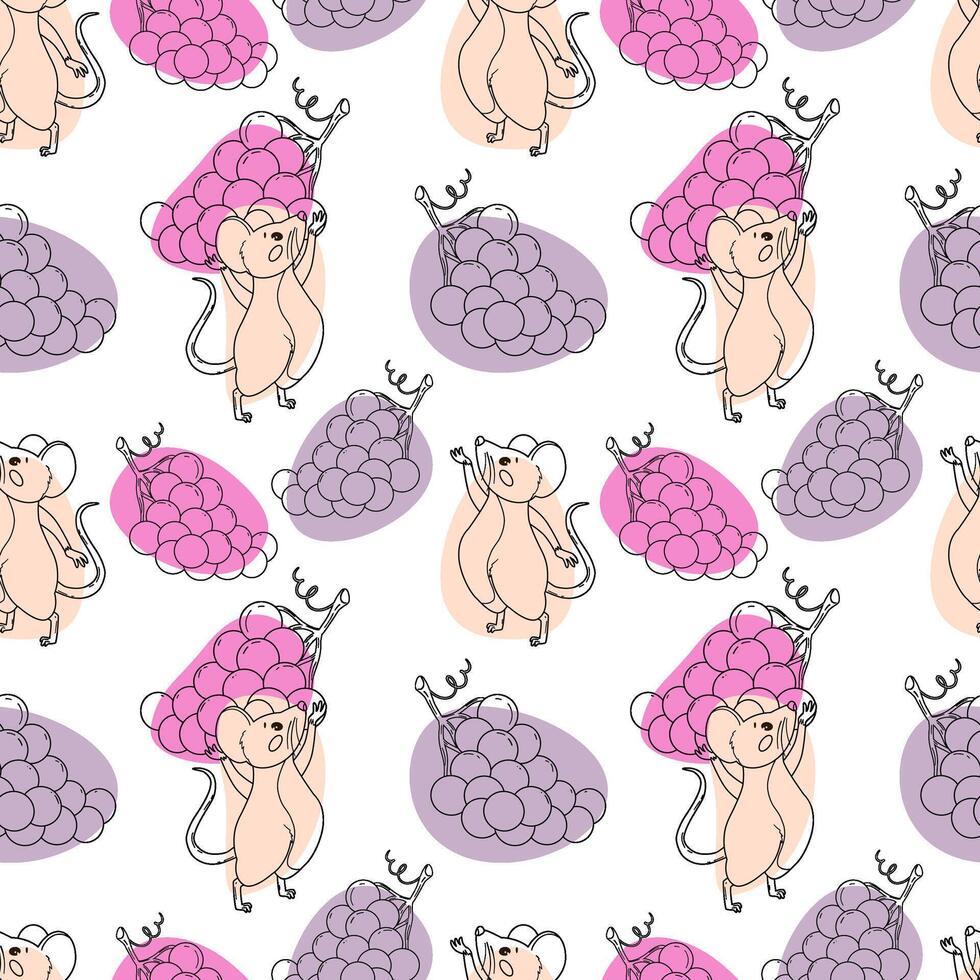 A playful pattern featuring cartoon mice holding clusters of grapes in various shades of purple and pink. The background is white, creating a cheerful and whimsical design. vector