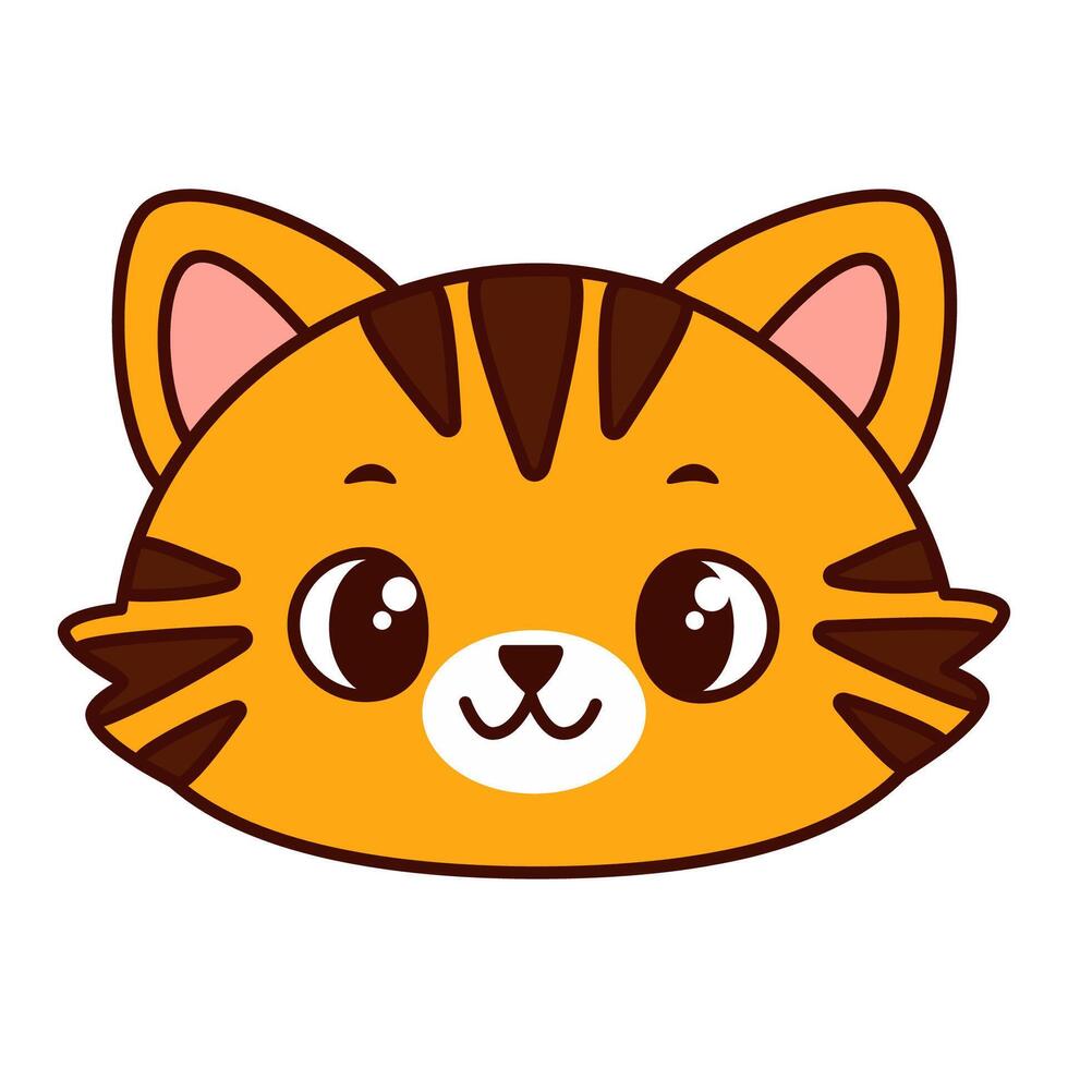 Cute cartoon cat head with red fur and brown stripes. The cat has big, expressive eyes and a playful expression. Kawaii pet vector