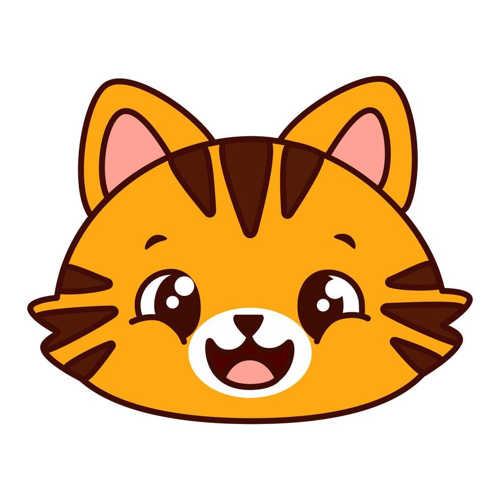 Cute cartoon cat head with red fur and brown stripes. The cat has big, expressive eyes and a happy expression. Kawaii pet vector
