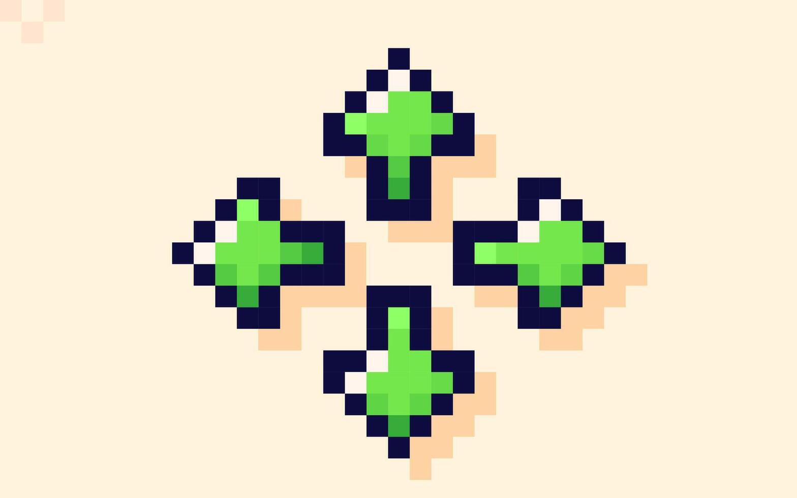 Four green arrows pointers. Game element drawn in pixel art style. vector