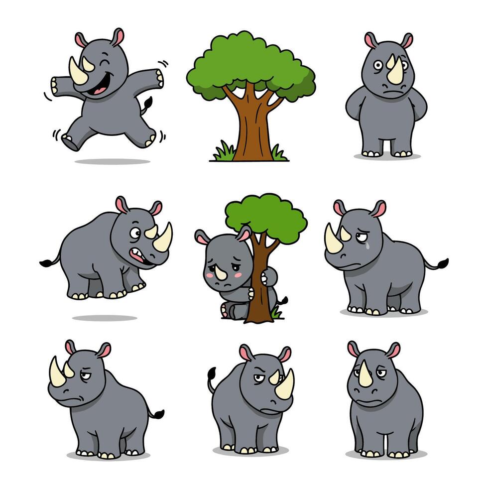 Cartoon rhinos displaying different emotions vector
