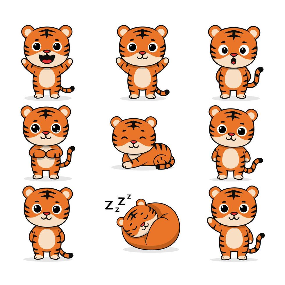playful cartoon tigers in different poses vector