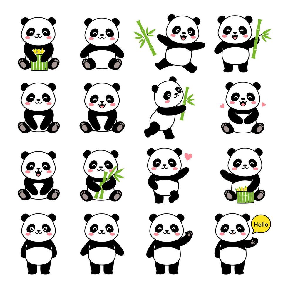 Cute panda characters in playful poses vector