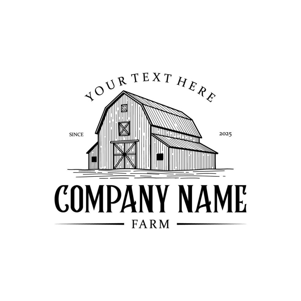 Vintage monoline barn logo design with wood build and house farm vector