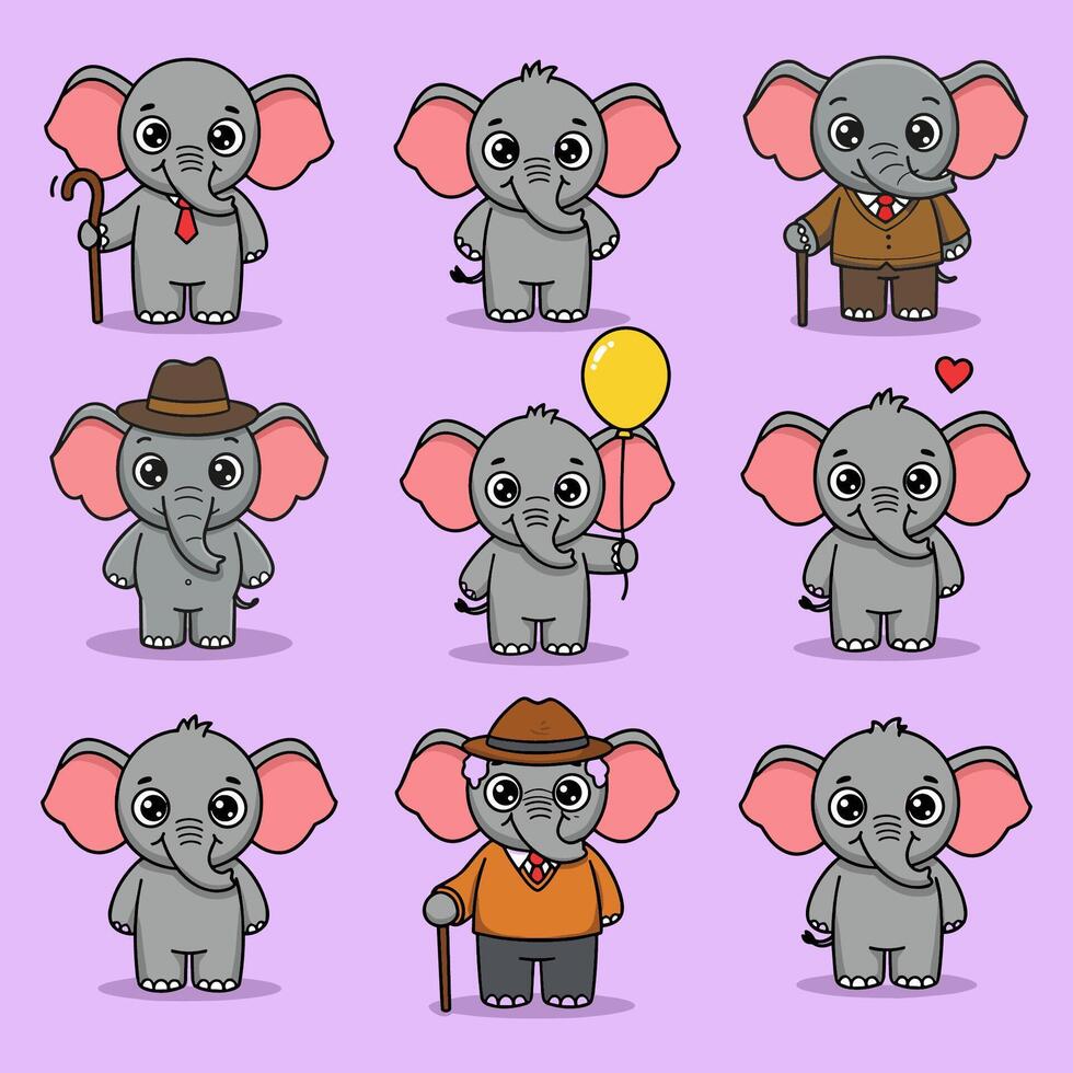 Cartoon elephants in various outfits and poses vector