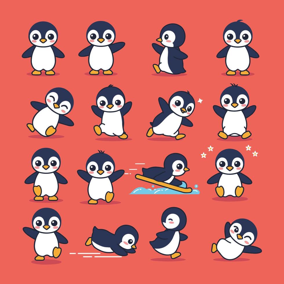 Cute cartoon penguins in playful poses vector