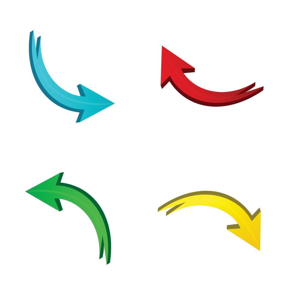 Blue red yellow green 3d arrow curved pointer symbol pointing up down right left direction on white background vector