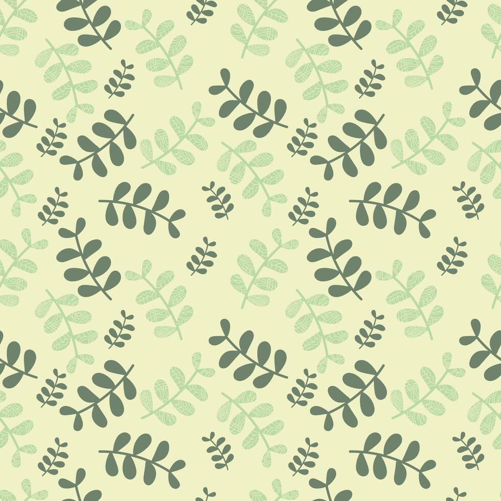 green leaves on a beige background. Seamless pattern is plant for clothing, fabric, wallpaper, backdrop, home decoration, cover book, and wall art. Vintage style. vector