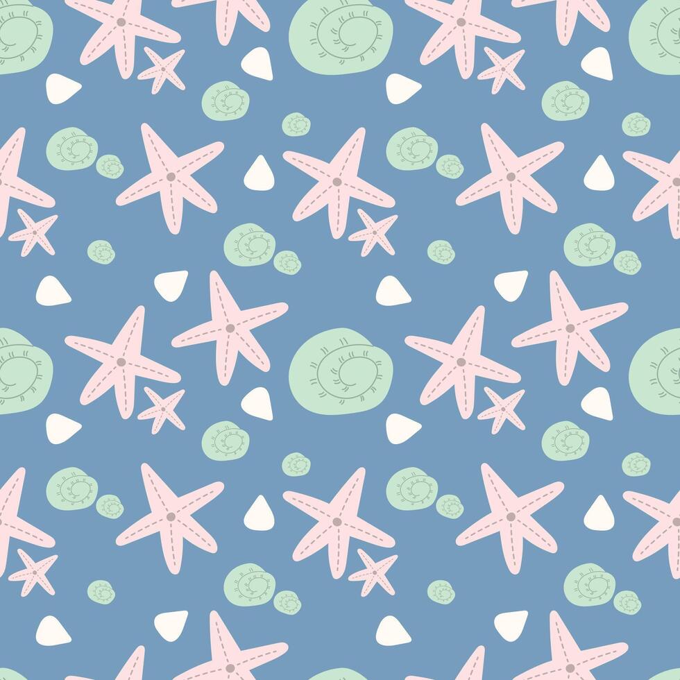 Hand draw cute sea animal on a blue background. Seamless pattern art, starfish, and shell for clothing, fabric, wallpaper, backdrop, home decoration, cover book, and wall art. vector