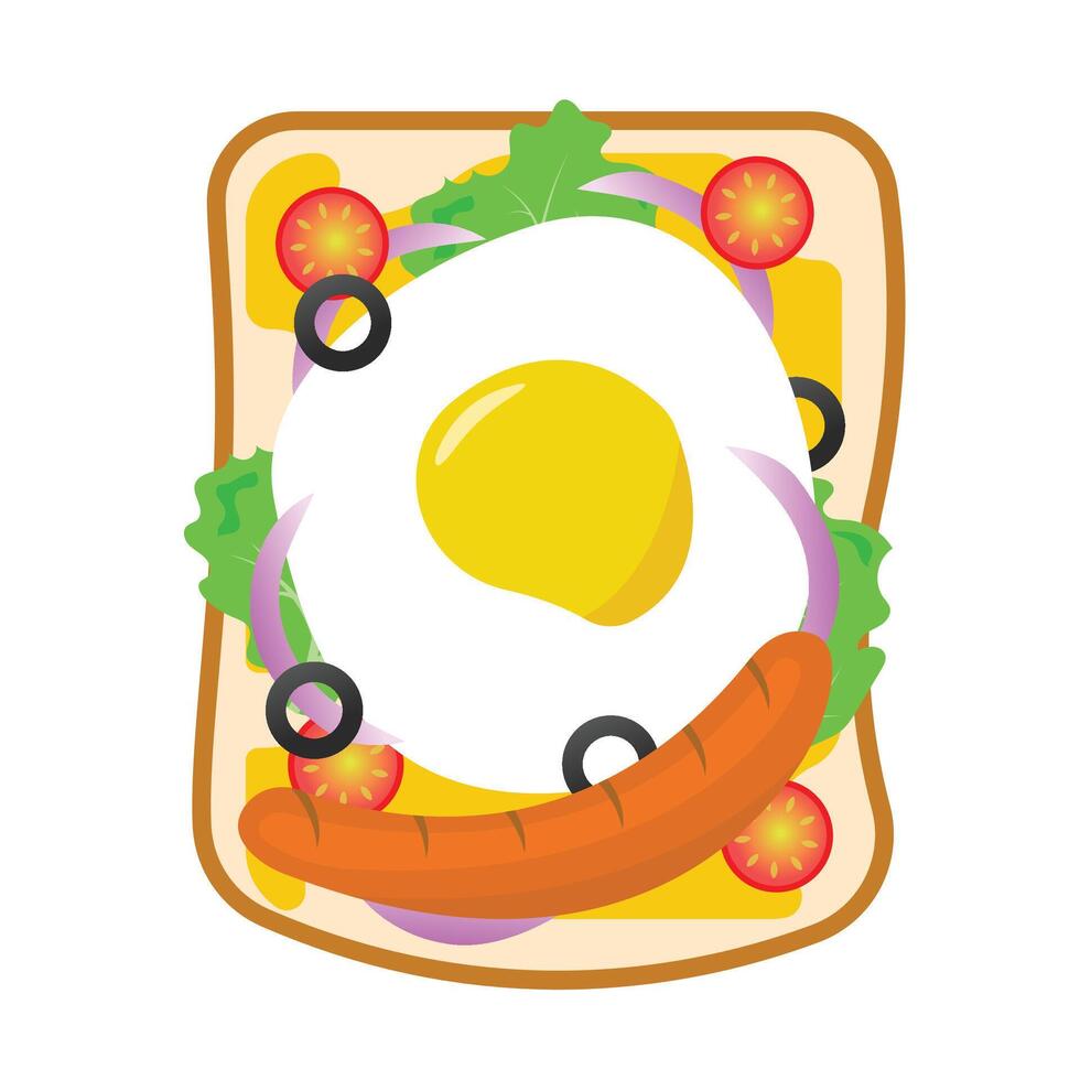 A sandwich filled with egg, sausage, cheese and vegetables. vector