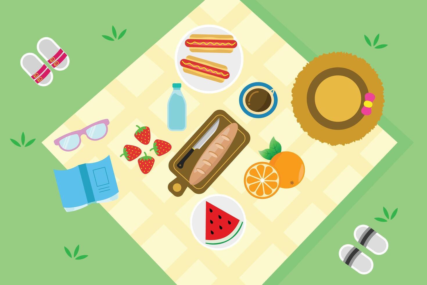 A picnic illustration for a summer vacation with sausages, baguette bread, oranges, strawberries, watermelon, a cup of coffee, a bottle of water, glasses and a book on a picnic cloth. vector