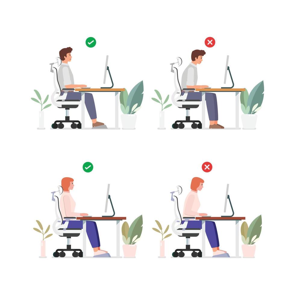 Proper and improper sitting postures vector