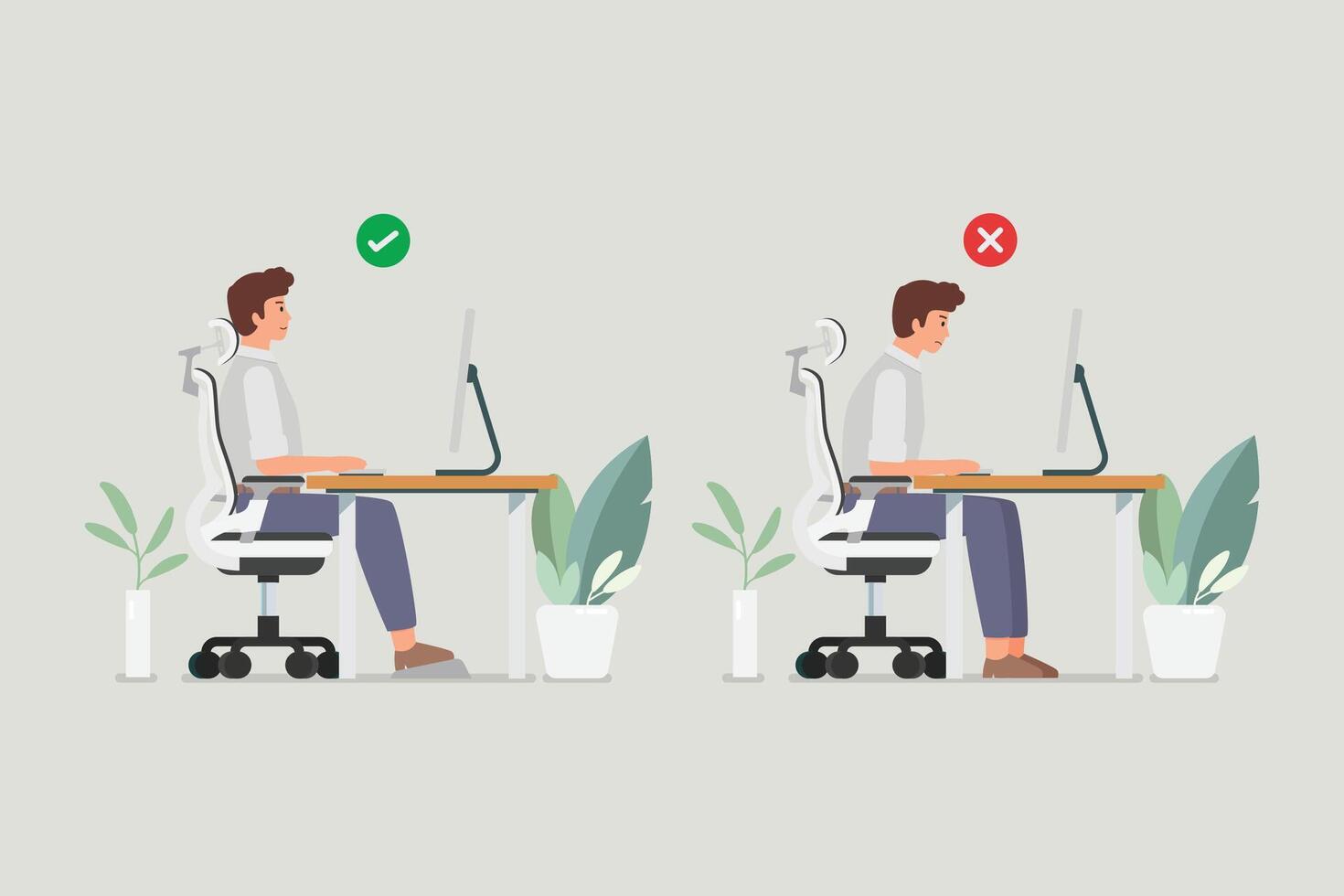Correct and incorrect sitting posture vector