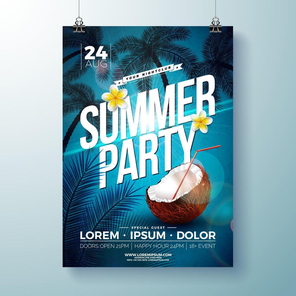 Summer party poster with coconut drink vector